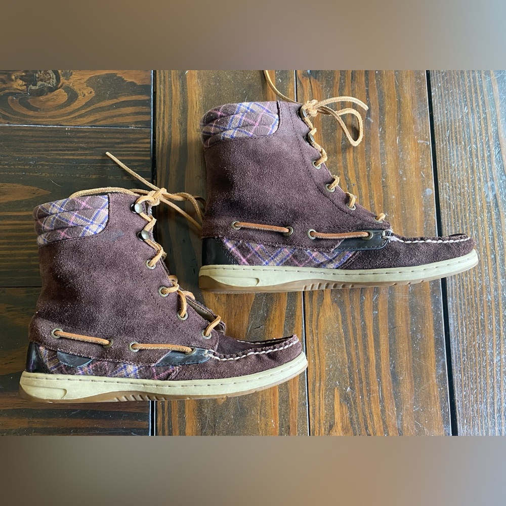 Sperry Top Sider Women's Size 7M Boots Leather Lace Up Plaid Lining Brown Pink